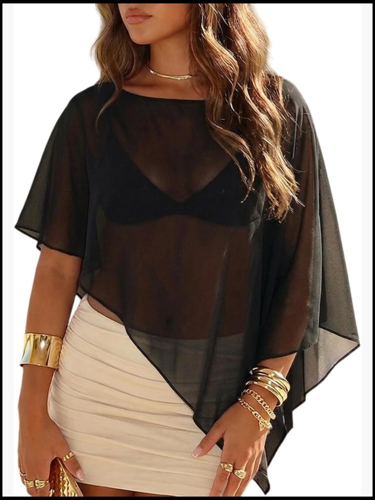 Sheer Chiffon Poncho Top Shawl Wrap Evening Wedding Cover Up Cape Vacation